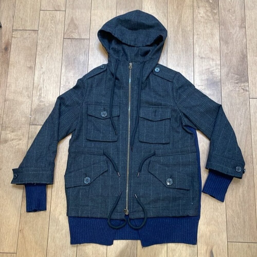 See By Chloe Utility Blazer Jacket Check Hood Knit Wool Varsity Black Navy 4 - Picture 6 of 14